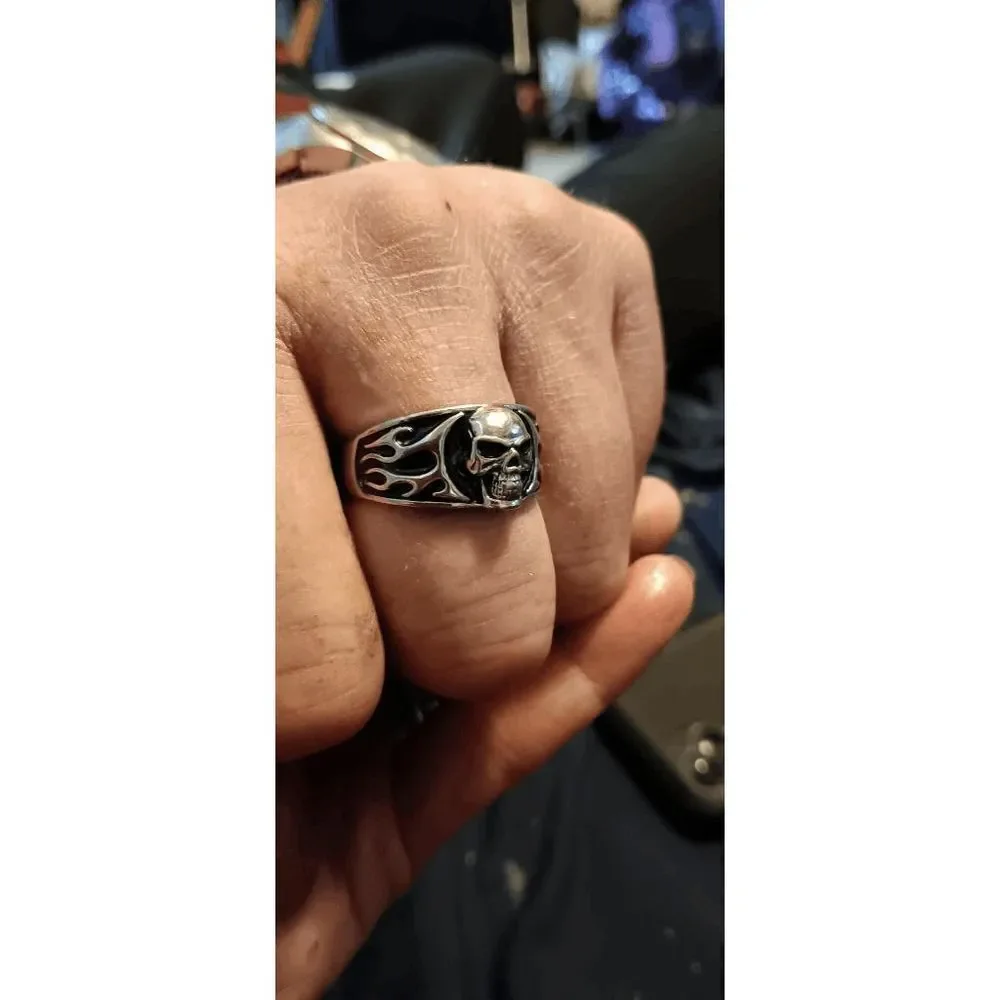 Gothic Punk Stainless Steel Skull Flaming Ring - Size 11